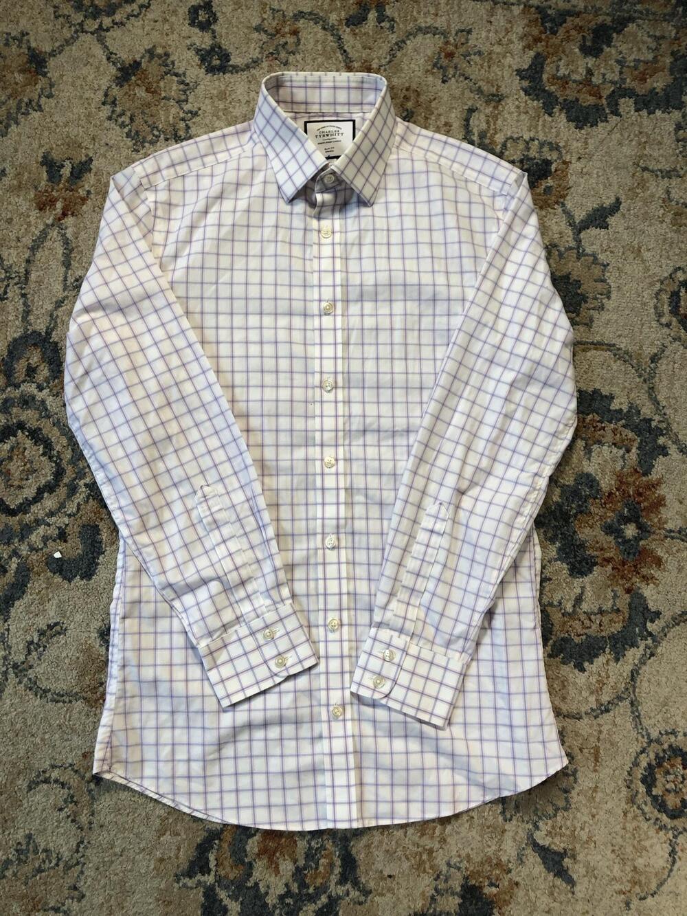 Charles Tyrwhitt Dress Shirt Mens 15.5 32/33 White Check Slim Fit Non Iron